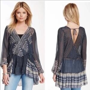 Free People Multi Pattern Boho Blue/Black Hi-Lo Blouse